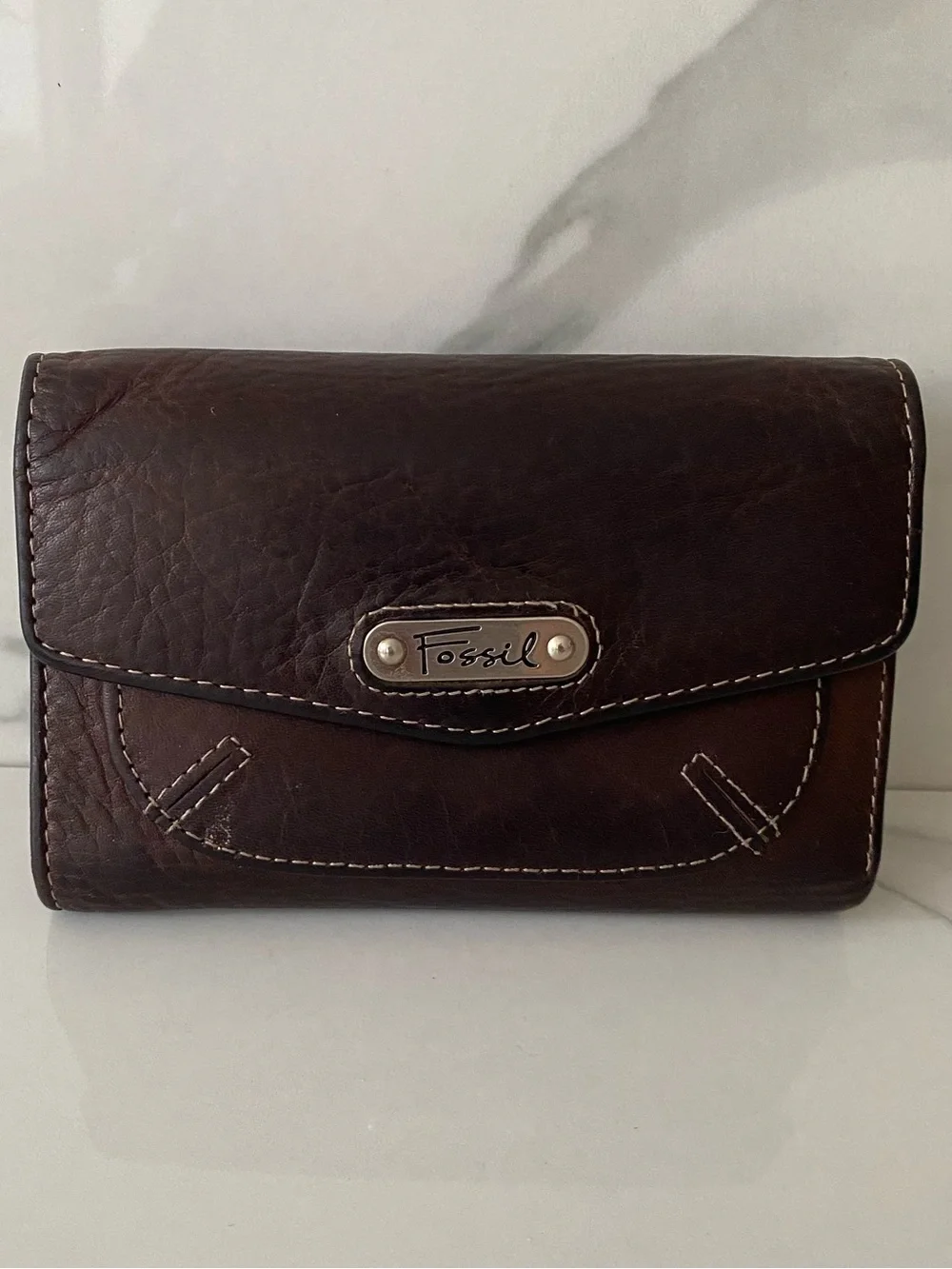 Vintage Fossil Olivia Flap Clutch Leather Wallet Brown Cream Stitching Classic